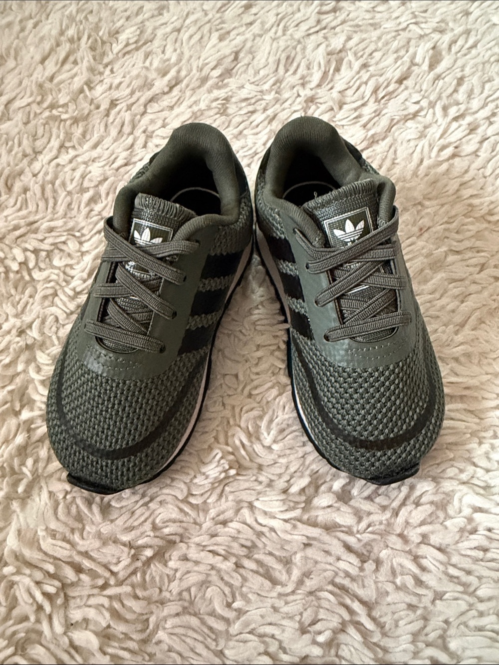 adidas Olive Green Knit Sneakers with Black Stripes for little kid size 6K